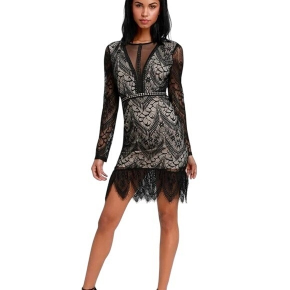 Astr the Label Black And Nude Lace Long Sleeve Party Bodycon Dress Size XS